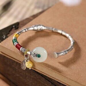 New Adjustable Silver Plated Stone Inlaid Ethnic Charms Open Bangle Gift Box